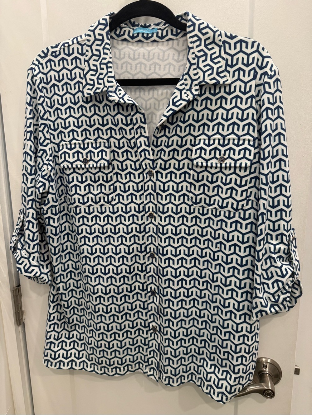 J. McLaughlin Navy and White Geometric Button-Front Shirt